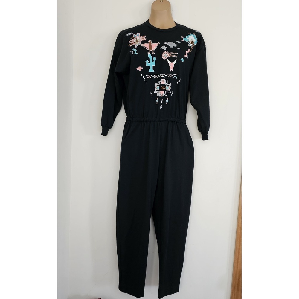 Vtg LA 11 Black Jumpsuit One Piece Romper Womens M Southwest Design Long Sleeve